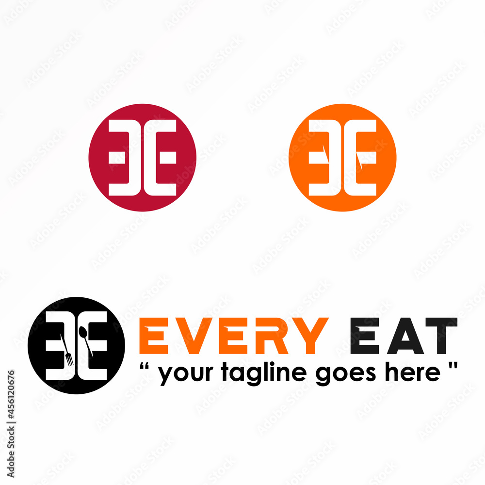 Poster letter ee with spoon and fork in circle block image graphic icon logo design abstract concept vector