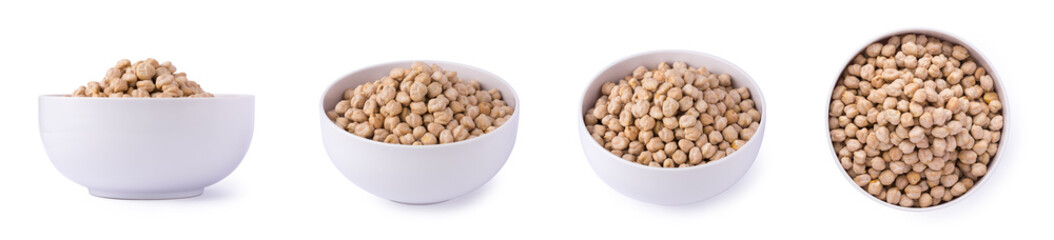 set of chickpeas or grams, also known as garbanzo beans or egyptian pea, in a bowl, vegetarian food isolated on white background, taken in different angles