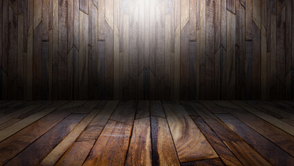 Product display, Wooden dark desk floor and wall backgrounds, brown room.
