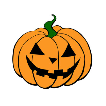 Vector simple scary spooky smiling Halloween pumpkin isolated. Jack o Lantern. Traditional decoration symbol of holiday celebration in cartoon flat style