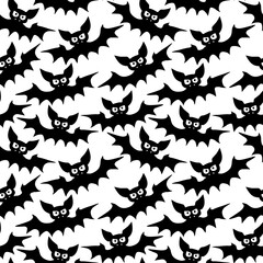 Flying bats seamless pattern. Cute Spooky vector Illustration. Halloween backgrounds and textures in flat cartoon gothic style. Black silhouettes animals on sky.