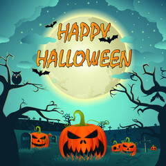 Happy Halloween greeting with pumpkins at the night