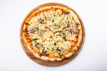 italian pizza on wooden board with white background
