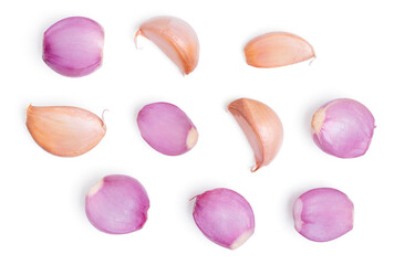 Top view Onions and gralic with slice on white background.