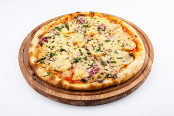 italian pizza on wooden board with white background
