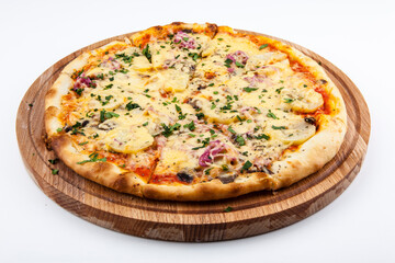 italian pizza on wooden board with white background
