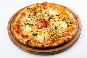 italian pizza on wooden board with white background
