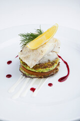 halibut fillet with lemon and vegetable cutlet with stewed tomato
