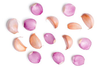 Top view Onions and gralic with slice on white background.