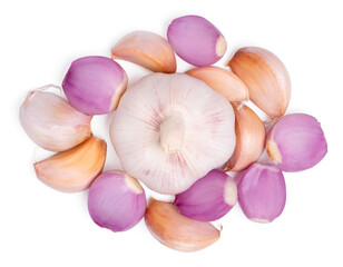 Top view Onions and gralic with slice on white background.