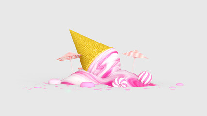 Melted ice cream on Room floor. Summer time. 3D illustration, 3D rendering