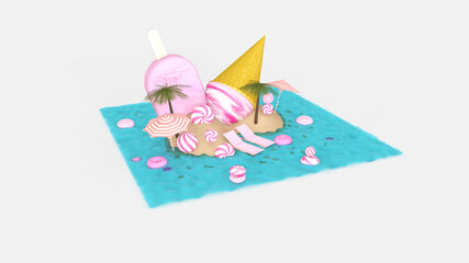 Melted ice cream on Room floor. Summer time. 3D illustration, 3D rendering	
