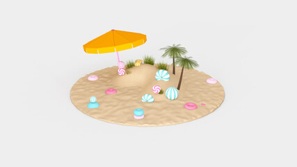 Summer with water play equipment placed on the beach. summer time. 3D illustration, 3D rendering	