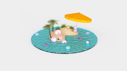 Summer with water play equipment placed on the beach.  summer time. 3D illustration, 3D rendering 