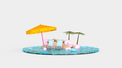 Obraz premium Summer with water play equipment placed on the beach. summer time. 3D illustration, 3D rendering 
