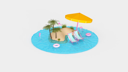 Obraz na płótnie Canvas Summer with water play equipment placed on the beach. summer time. 3D illustration, 3D rendering 