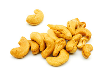 Close-up Roasted Cashew nuts isolated on white background with clipping path.