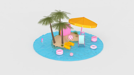 Summer with water play equipment placed on the beach. summer time. 3D illustration, 3D rendering	