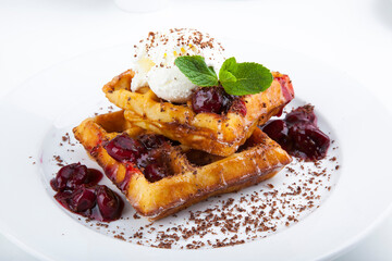 delicious sweet dessert on white plate with tea
