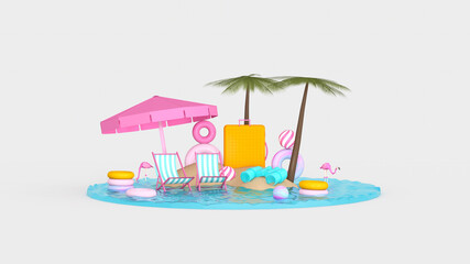 Summer with water play equipment placed on the beach. summer time. 3D illustration, 3D rendering	