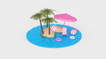 Summer with water play equipment placed on the beach. summer time. 3D illustration, 3D rendering	