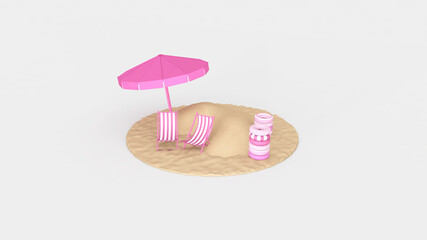 Summer with water play equipment placed on the beach. summer time. 3D illustration, 3D rendering	