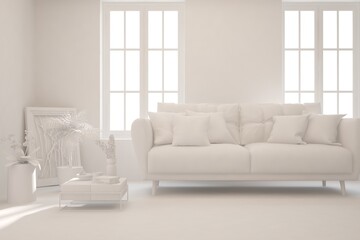 Mock up of minimalist living room in white color with sofa. Scandinavian interior design. 3D illustration