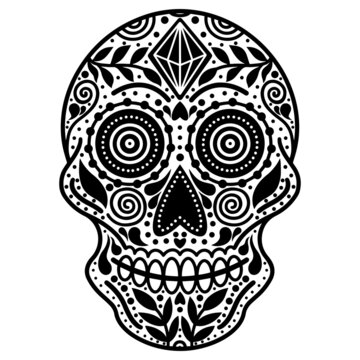 White sugar skull with abstract pattern. Hand drawn vector icon isolated on white background. Monochrome illustration for the Mexican Day of the Dead El Dia de Muertos. Sketch of a tattoo.