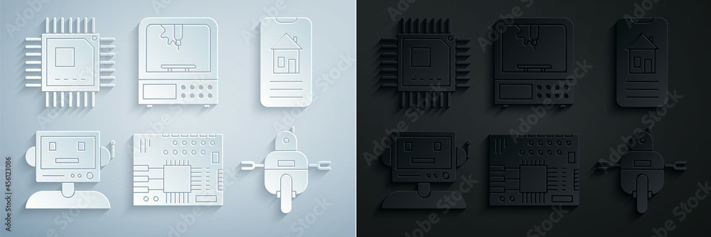 Poster set printed circuit board pcb, smart home, robot, 3d printer and processor with microcircuits cpu ic