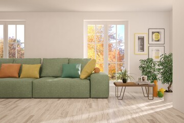 Stylish room in white color with sofa and autumn landscape in window. Scandinavian interior design. 3D illustration