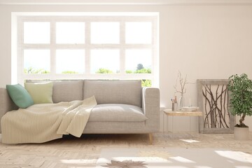 White living room with sofa. Scandinavian interior design. 3D illustration