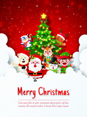 Fototapeta na wymiar Christmas postcard of Santa Claus and Christmas cute animals with Chrristmas tree on the sky