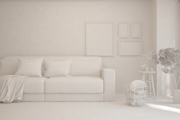 Mock up of minimalist living room in white color with sofa. Scandinavian interior design. 3D illustration