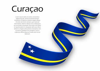 Waving ribbon or banner with flag of Curacao. Template for independence day design - obrazy, fototapety, plakaty