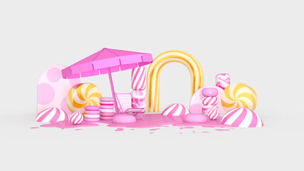 Summer with water play equipment placed on the beach. summer time. 3D illustration, 3D rendering	
