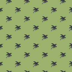 Hand drawn botany exotic seamless pattern with doodle coconut palm tree ornament. Pale green background.