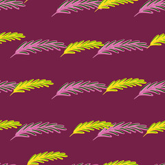 Fototapeta premium Botany seamless pattern with lilac and yellow rosemary silhouettes. Ingredient print. Purple background.