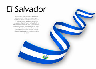 Waving ribbon or banner with flag of El Salvador. Template for independence day design - obrazy, fototapety, plakaty