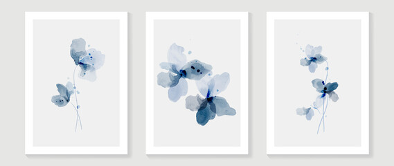 Blue flower watercolor art triptych wall art vector. Abstract art background with sweet orange and pink Floral Bouquets, Wildflower and leaf  hand paint design for wall decor, poster and wallpaper. - obrazy, fototapety, plakaty