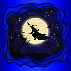 A witch on a broomstick against the background of the moon. A witch silhouette with cut paper effect.