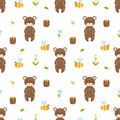 Bear, bee and honey. Seamless pattern for sewing children clothing, printing on fabric and packaging paper. Universal wallpaper in children. Design for boy and girl.