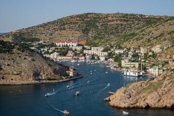 Balaklava bay, Bella Chiava, Beautiful harbor in Crimea. Panorama of the entrance to the Balaklava Bay.