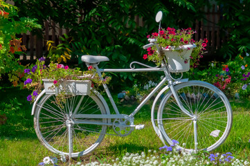 Fototapeta na wymiar A white bicycle decorated with fresh flowers stands next to a red rowan bush. Beginning of autumn. Selective focus.