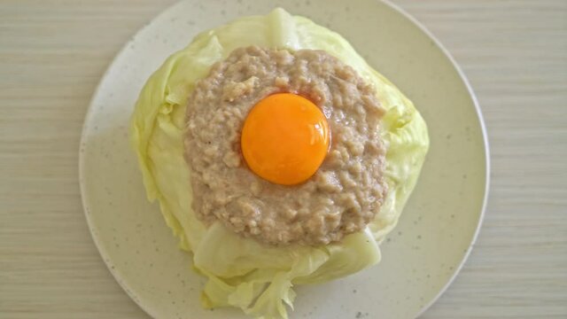 homemade steamed cabbage stuffed minced pork and egg yolk