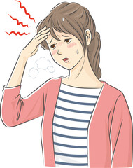 熱があって頭痛がする若い女性のイラスト