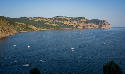 Panorama of the coastline of the reserve, the Ayazma tract. Located between Balaklava Bay and Cape Aya. This reserve is famous for Crimean pines and junipers, the species of which survived the Ice Age