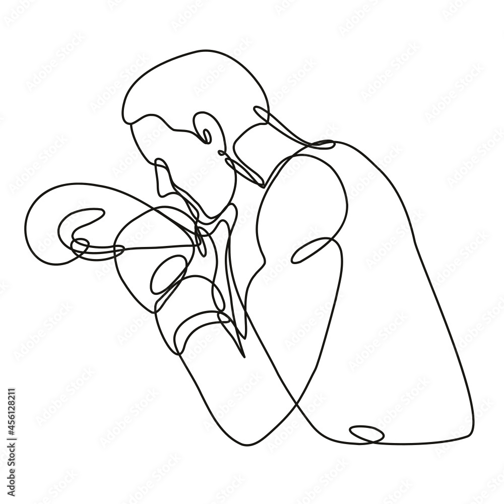 Poster continuous line drawing illustration of a boxer jabbing boxing side view done in mono line or doodle