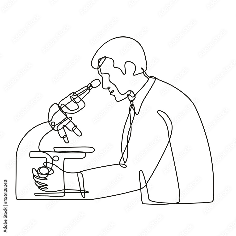Poster continuous line drawing illustration of a microbiologist studying a virus with a microscope done in 