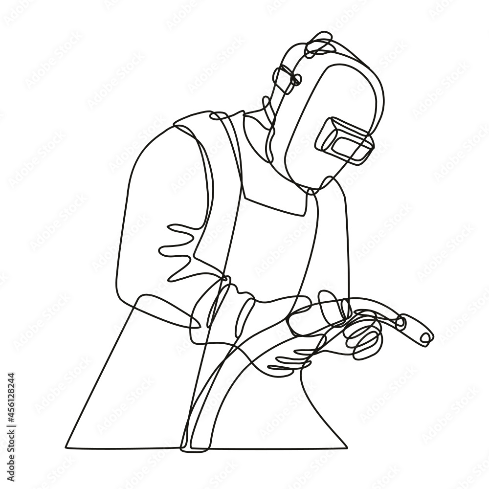 Poster continuous line drawing illustration of a mig welder with visor holding welding torch done in mono l