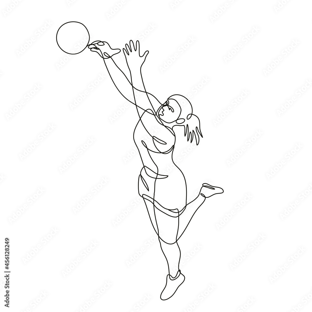 Poster continuous line drawing illustration of a netball player rebounding and catching the ball done in mo